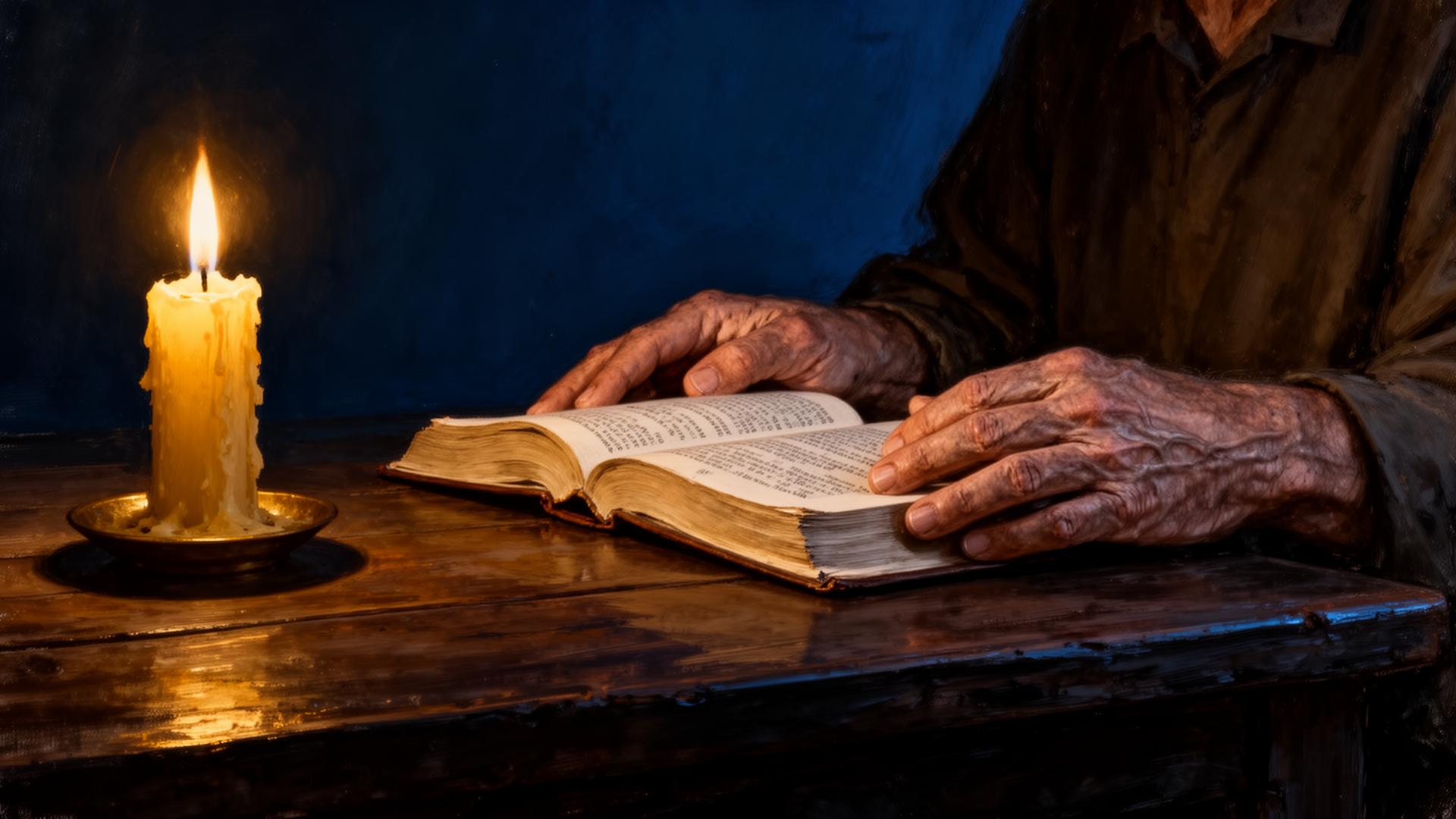Mains tenant un livre ouvert à la lueur d'une bougie